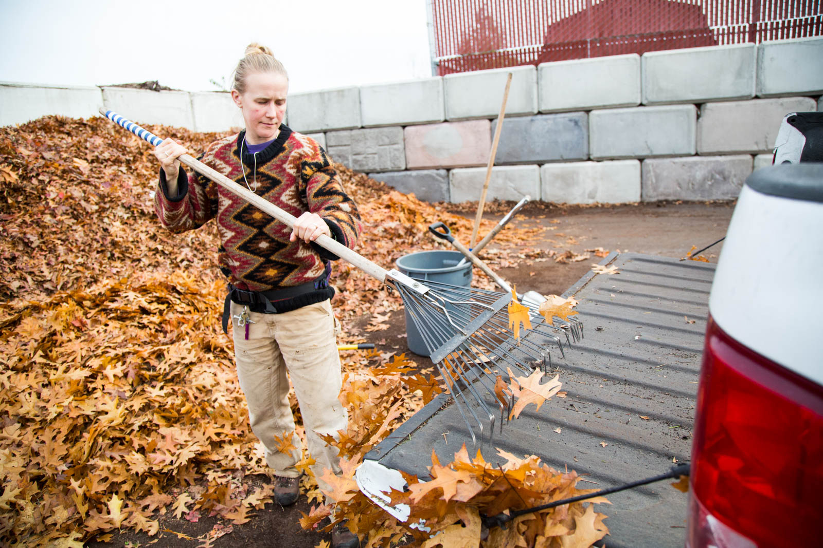 A woman uses a rake to scoop fall leaves out of the bed of a truck.