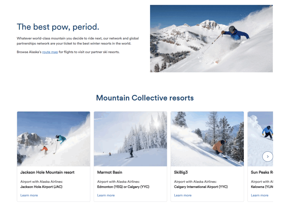 A landing page showing different ski resorts partnered with Alaska Airlines.