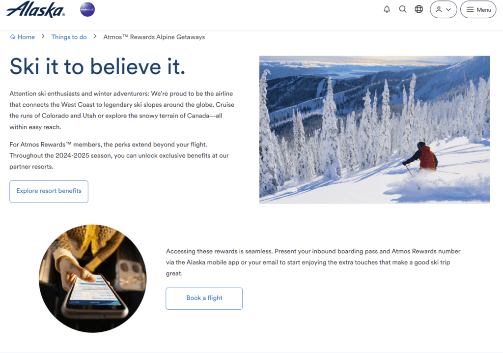 A landing page on Alaska Airlines with the headline "Ski it to believe it" that encourages users to Explore Resort Benefits or Book a Flight.