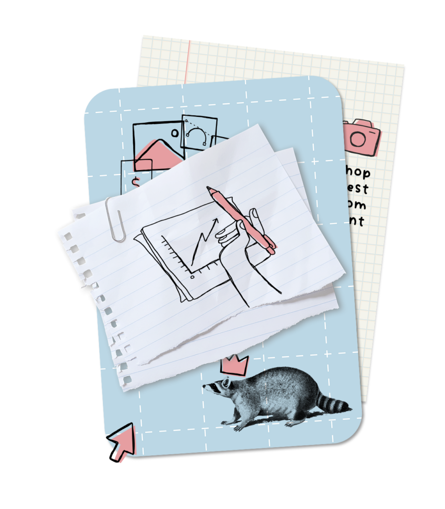 A compilation of different paper textures with marketing charts and icons, with a raccoon wearing a crown.