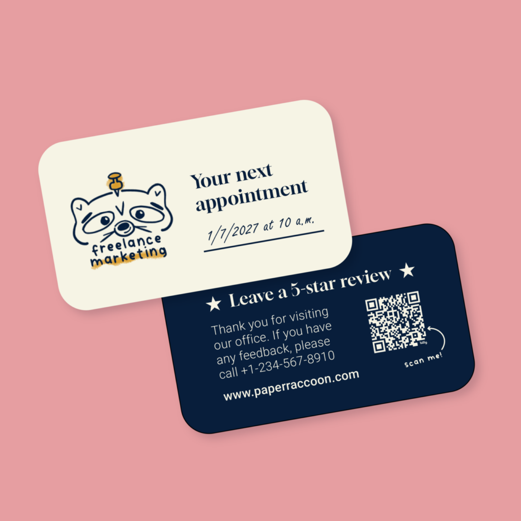 An image of a business card (front and back) with the words, "How to ask patients for a positive Google reviews"