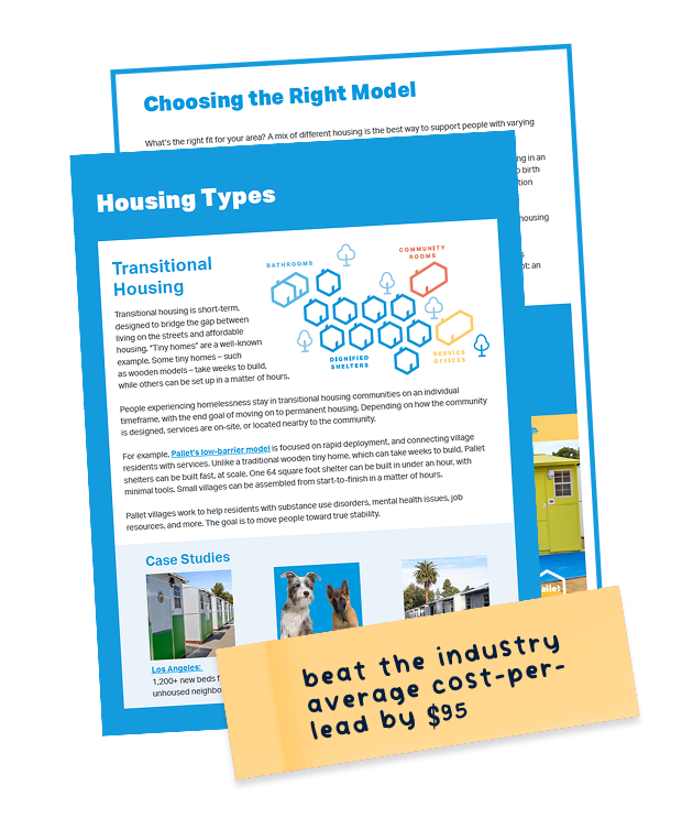 Two pages of a case study about different Housing Types and Models related to homelessness. The sticky note overlayed on top says, "Beat industry average cost-per-lead by $95."