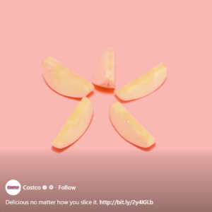 A screenshot of a post on Costco's social page showing a video of an apple sliced in 5 pieces.