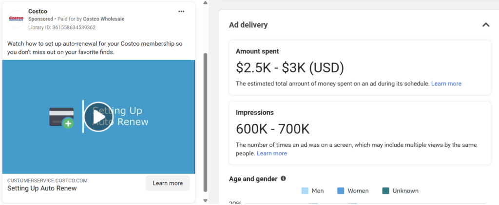 A screenshot of Meta performance data for a video ad explaining how to set up auto renew for a Costco membership. The amount spent was $2.5-$3K with 600-700K impressions. 