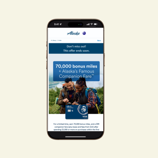 An email from Alaska Airlines with 70,000 bonus miles and a "last chance" banner.