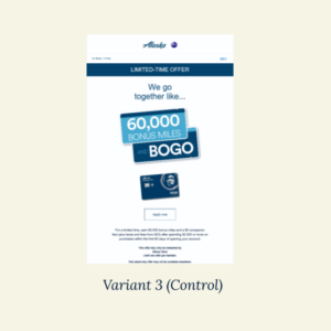 A control variant for the Alaska Airlines "60,000 bonus miles + BOGO" promotion.