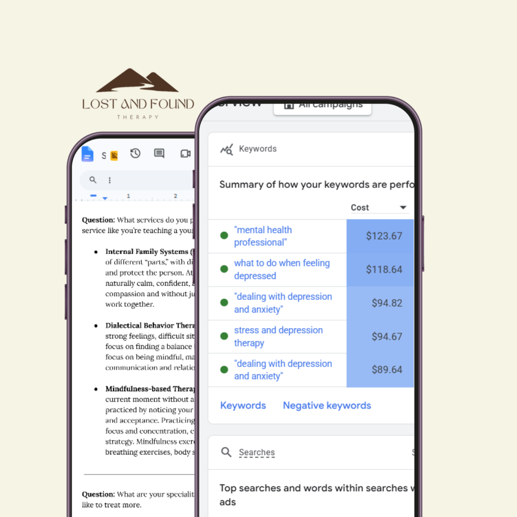 Two phones showing Google Search Ad results and a Google doc with a client survey.